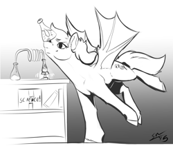 Size: 2982x2562 | Tagged: safe, artist:blindcoyote, oc, oc only, oc:daturea eventide, bat pony, pony, balancing, beaker, flask, monochrome, ponies balancing stuff on their nose, science, solo