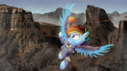 Size: 2000x1125 | Tagged: safe, artist:blackligerth, rainbow dash, pegasus, pony, alternate timeline, canyon, crystal war timeline, flying, looking back, scar, spread wings