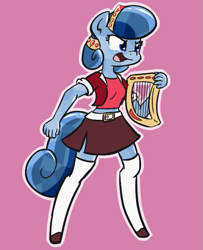 Size: 567x699 | Tagged: safe, artist:whatsapokemon, oc, oc only, oc:heart song, anthro, crystal pony, unguligrade anthro, belt, belt buckle, clothes, hairband, lyre, midriff, shoes, simple background, skirt, socks, solo, stockings, thigh highs, zettai ryouiki