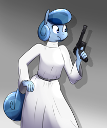 Size: 863x1033 | Tagged: safe, artist:whatsapokemon, oc, oc only, oc:heart song, anthro, crystal pony, clothes, crossover, dress, gradient background, gun, princess leia, solo, star wars, weapon