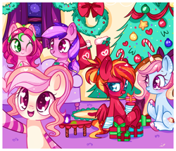 Size: 1024x881 | Tagged: safe, artist:ipun, oc, oc only, oc:cuddle bug, oc:fire strike, oc:neigh-apolitan, oc:precious metal, earth pony, pegasus, pony, unicorn, blushing, bow, christmas, christmas stocking, christmas tree, clothes, female, hair bow, heart, heart eyes, holiday, mare, night, one eye closed, ponytail, present, smiling, socks, stars, striped socks, tongue out, tree, wingding eyes, wink
