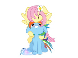 Size: 1600x1200 | Tagged: safe, artist:nightmaremoons, fluttershy, rainbow dash, pegasus, pony, alternate hairstyle, blushing, cute, eyes closed, female, floppy ears, flutterdash, grin, kissing, lesbian, looking up, nose kiss, shipping, simple background, sitting, spread wings, squee, transparent background