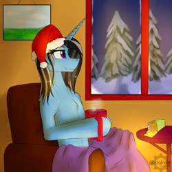 Size: 4000x4000 | Tagged: safe, artist:twotail813, oc, oc only, oc:silver lining, pony, unicorn, biscuits, blanket, chocolate, food, hat, hot chocolate, rcf community, rule 63, santa hat, snow, solo, winter