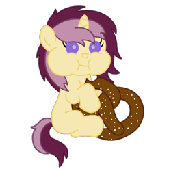 Size: 760x760 | Tagged: safe, artist:ironwoodakacleanser, oc, oc only, oc:lannie lona, bread, female, filly, food, pretzel, solo