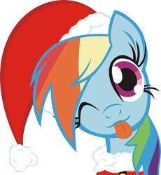 Size: 900x979 | Tagged: safe, artist:phoenix0117, rainbow dash, pegasus, pony, christmas ponies, cute, female, hat, head tilt, looking at you, mare, one eye closed, santa hat, simple background, solo, tongue out, white background, wink