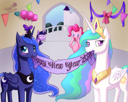 Size: 1500x1200 | Tagged: safe, artist:auriaslayer, pinkie pie, princess celestia, princess luna, twilight sparkle, alicorn, earth pony, pony, :o, :t, balloon, banner, bedroom eyes, blushing, horses doing horse things, looking at you, mouth hold, nom, open mouth, smiling, wide eyes