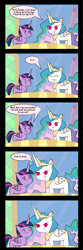 Size: 1613x4854 | Tagged: safe, artist:wigglyspatula, princess celestia, twilight sparkle, twilight sparkle (alicorn), alicorn, pony, challenge, comic, female, mare, math, mathematics in the comments, pi, science in the comments, this will end in tears, trollestia, wide eyes