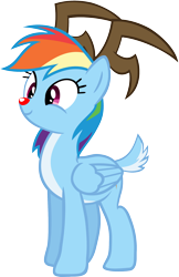 Size: 1492x2301 | Tagged: safe, artist:megarainbowdash2000, idw, rainbow dash, deer, original species, pegasus, peryton, pony, reindeer, antlers, cute, dashabetes, female, idw showified, pegadeer, red nose, reindeer dash, rudolph dash, simple background, smiling, solo, species swap, transparent background, vector