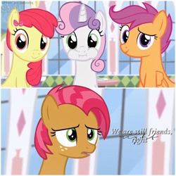 Size: 1080x1080 | Tagged: safe, edit, edited screencap, screencap, apple bloom, babs seed, scootaloo, sweetie belle, cutie mark crusaders, older