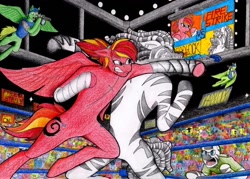 Size: 1024x734 | Tagged: safe, artist:3vilpyro, artist:militaryponiesda, oc, oc only, oc:fire strike, anthro, pegasus, zebra, boxing, boxing ring, colored pencil drawing, fight, fighter, inked and colored, mouth guard, stadium, traditional art