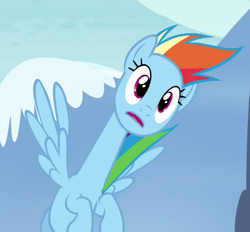 Size: 560x520 | Tagged: safe, screencap, rainbow dash, pegasus, pony, testing testing 1-2-3, are you frustrated?, cropped, female, flying, great moments in animation, long neck, mare, rainbow girrash, solo