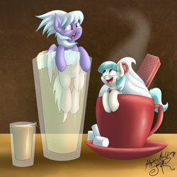 Size: 4000x4000 | Tagged: safe, artist:jorobro, cloudchaser, coco pommel, pony, absurd resolution, alcohol, beer, chocolate, cup, cup of pony, food, hot chocolate, ice, marshmallow, micro, whipped cream