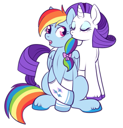 Size: 565x589 | Tagged: safe, artist:lulubell, rainbow dash, rarity, pegasus, pony, unicorn, alternate hairstyle, clothes, female, kissing, lesbian, makeover, raridash, shipping, simple background, socks, transparent background