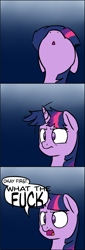 Size: 1174x3439 | Tagged: safe, artist:victoreach, twilight sparkle, pony, unicorn, :<, :o, ask, comic, female, floppy ears, frazzled, frown, glare, juxtaposition bait, looking up, mare, messy mane, open mouth, reaction image, snoot, solo, tumblr, vulgar, wtf