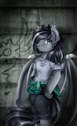 Size: 1818x2957 | Tagged: safe, artist:pridark, oc, oc only, oc:shade (jerichoiv), anthro, bat pony, clothes, pants, scar