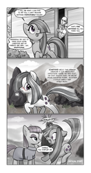 Size: 666x1260 | Tagged: safe, artist:pencils, marble pie, maud pie, oc, oc:anon, earth pony, human, pony, comic:anon's pie adventure, blushing, comic, female, human fetish, human male, male, mare, maud being maud, monochrome, startled, tongue out