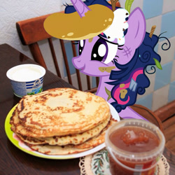 Size: 800x800 | Tagged: safe, twilight sparkle, twilight sparkle (alicorn), alicorn, pony, chair, crepe, female, food, horn impalement, i'm pancake, irl, kitchen, kot blini, mare, pancakes, parody, photo, ponies in real life, russian, sitting, smiling, solo, sour cream, vector