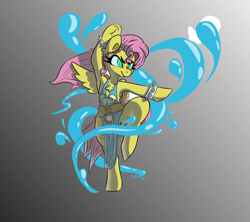 Size: 1600x1422 | Tagged: safe, artist:niggerdrawfag, fluttershy, pegasus, pony, fighting is magic, alternate hairstyle, armpits, badass, balancing, chun li, clothes, fighting stance, flutterbadass, gradient background, martial arts, one wing out, spiked wristband, standing, standing on one leg, street fighter, wristband