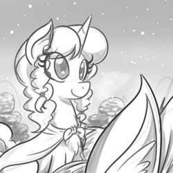 Size: 800x800 | Tagged: dead source, safe, artist:reiduran, oc, oc only, oc:gloomy, oc:marker pony, macro, monochrome, ponies riding ponies, snow, snowfall