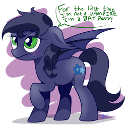 Size: 900x900 | Tagged: safe, artist:blupolicebox, oc, oc only, oc:halfmoon, bat pony, pony, undead, vampire, vampony, annoyed, cutie mark, female, solo, stereotype, tired