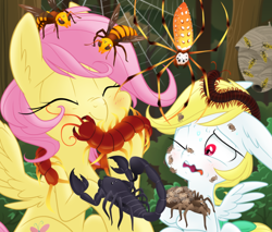 Size: 2000x1700 | Tagged: safe, artist:equestria-prevails, angel bunny, fluttershy, arthropod, centipede, hornet, insect, pegasus, pony, scorpion, spider, g4, accurate arthropod anatomy, adoracreepy, alternate hairstyle, arachnid, baby spider, blushing, colt, creepy, creepy crawlies, cute, do not want, duo, emperor scorpion, entomophobia, eyes closed, fear, female, foal, forest, forest background, hilarious in hindsight, hive, japanese giant hornet, love, male, mare, millipede, nightmare fuel, orb weaver spider, ponified, ponified pony pets, realistic arthropods, scientifically accurate, shyabetes, species swap, spider web, sweat, tree, wasp, wasp nest, wavy mouth, wolf spider, yellowjacket