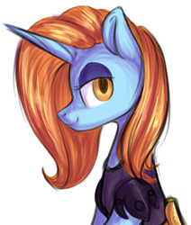 Size: 1024x1210 | Tagged: safe, artist:starlyflygallery, sassy saddles, pony, unicorn, clothes, lidded eyes, looking at you, profile, simple background, smiling, solo, white background