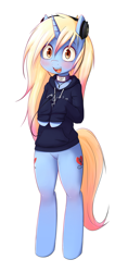 Size: 900x1900 | Tagged: safe, artist:hoodie, oc, oc only, oc:angelic grace, pony, semi-anthro, unicorn, bipedal, clothes, collar, featureless crotch, female, headphones, hoodie, simple background, solo, white background