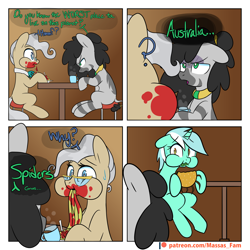 Size: 3080x3080 | Tagged: safe, artist:niggerdrawfag, lyra heartstrings, mayor mare, oc, oc:ziggy zaggy, earth pony, pony, spider, unicorn, zebra, awkward moment, dialogue, messy eating, patreon, patreon logo, puffy cheeks, sweatdrop, zebra oc