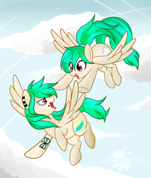 Size: 2926x3432 | Tagged: safe, artist:xwhitedreamsx, oc, oc only, oc:cloud skipper, oc:sky rider, pegasus, pony, earring, female, flying, open mouth, piercing, siblings, sisters, spread wings, tattoo, twins