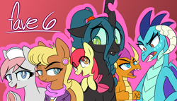 Size: 3080x1756 | Tagged: safe, artist:niggerdrawfag, apple bloom, ms. harshwhinny, nurse redheart, princess ember, queen chrysalis, smolder, changeling, changeling queen, dragon, earth pony, pony, dragoness, fangs, female, filly, mare, ponytail, red background, simple background