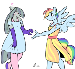 Size: 1280x1173 | Tagged: safe, artist:rwl, marble pie, rainbow dash, anthro, blushing, clothes, cutie mark, dress, evening gloves, exclamation point, female, gloves, interrobang, interrobang (glyph), lesbian, marbledash, piercing, question mark, shipping, spread wings, story in the source, story included