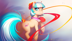 Size: 2500x1415 | Tagged: safe, artist:antiander, coco pommel, earth pony, pony, abstract background, color porn, featureless crotch, flower, grin, looking back, mouth hold, needle, photoshop, plot, raised hoof, ribbon, smiling, solo, tail wrap, unshorn fetlocks