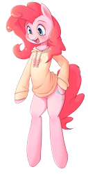 Size: 800x1581 | Tagged: safe, artist:hoodie, pinkie pie, earth pony, pony, semi-anthro, bipedal, blushing, clothes, cute, diapinkes, female, hoodie, simple background, solo, transparent background