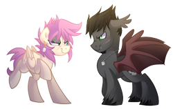 Size: 2504x1584 | Tagged: safe, artist:drawntildawn, oc, oc only, oc:dante, oc:emile, bat pony, pony, dantemile