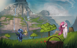 Size: 6000x3750 | Tagged: safe, artist:rain-gear, princess celestia, princess luna, alicorn, butterfly, pony, absurd resolution, cewestia, female, filly, magic, mountain, open mouth, picnic, picnic basket, pink-mane celestia, scenery, scenery porn, smiling, wallpaper, water, waterfall, woona