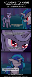 Size: 850x2020 | Tagged: safe, artist:terminuslucis, dj pon-3, vinyl scratch, oc, oc:seeker, pony, undead, unicorn, vampire, vampony, comic:adapting to night, comic:adapting to night: seeker's mistake, comic, fangs, red eyes