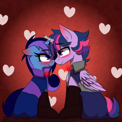 Size: 5080x5080 | Tagged: safe, artist:niggerdrawfag, dusk shine, twilight sparkle, twilight sparkle (alicorn), oc, oc:aurora shine (loe), alicorn, pony, unicorn, blushing, canon x oc, cloak, clothes, commission, eye contact, female, floppy ears, heart, horn, horn ring, looking at each other, male, rule 63, socks, straight