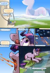 Size: 2000x2933 | Tagged: safe, artist:shieltar, part of a series, part of a set, princess celestia, princess luna, twilight sparkle, unicorn twilight, alicorn, pony, unicorn, comic:giant twilight, asteroid, comic, dialogue, giant pony, giantess, growth, licking, licking lips, macro, mega twilight sparkle, planet, space, stars, tongue out