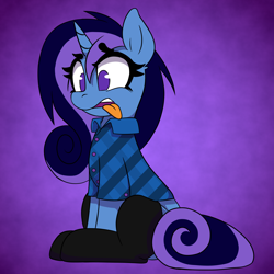 Size: 5080x5080 | Tagged: safe, artist:niggerdrawfag, oc, oc:aurora shine (loe), pony, unicorn, abstract background, clothes, commission, disgusted, no pupils, shirt, sitting, socks, solo, tongue out