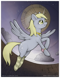 Size: 936x1225 | Tagged: safe, artist:ecmajor, derpy hooves, pegasus, pony, clothes, dock, elements of harmony, female, flying, halo, mare, socks, solo, striped socks