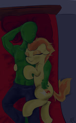 Size: 1600x2600 | Tagged: safe, artist:vadkram20xd6, spitfire, oc, oc:anon, human, /mlp/, armpits, bed, cuddling, cute, eyes closed, snuggling