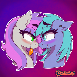 Size: 5080x5080 | Tagged: safe, artist:niggerdrawfag, oc, oc only, oc:windseeker, pony, blushing, bust, commission, cute, cute little fangs, duo, ear fluff, ear piercing, eye contact, fangs, female, looking at each other, mare, outline, patreon, patreon logo, piercing, slit eyes, tongue out