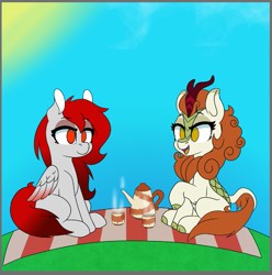 Size: 919x927 | Tagged: safe, artist:niggerdrawfag, autumn blaze, oc, oc:ketsueki shēdo, kirin, pegasus, day, female, food, picnic, picnic blanket, tea, tea party