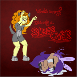 Size: 676x676 | Tagged: safe, artist:niggerdrawfag, adagio dazzle, oc, human, equestria girls, animal costume, bunny ears, clothes, costume, crying, duo, imminent rape, imminent sex, implied rape, meta, pedophile, red background, simple background, text, tulpa, wolf costume