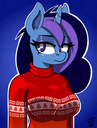 Size: 3868x5080 | Tagged: safe, artist:niggerdrawfag, oc, oc only, oc:aurora shine (loe), anthro, unicorn, anthro oc, blue background, clothes, commission, female, gradient background, mare, simple background, solo, sweater, white outline