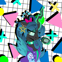 Size: 3450x3450 | Tagged: safe, artist:niggerdrawfag, queen chrysalis, changeling, changeling queen, pony, abstract background, bow, choker, clothes, female, hair bow, jacket, pager, solo