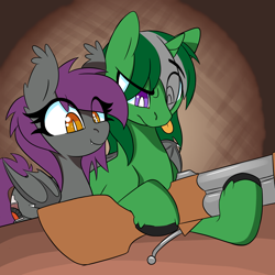 Size: 3080x3080 | Tagged: safe, artist:niggerdrawfag, oc, oc only, oc:anneal, bat pony, pony, unicorn, bat pony oc, commission, couple, female, gun, male, mare, simple background, stallion, straight, tongue out, weapon