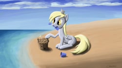 Size: 1920x1080 | Tagged: safe, artist:luffsas, derpy hooves, pegasus, pony, beach, female, mare, muffin, sandcastle