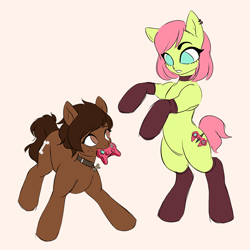 Size: 800x800 | Tagged: safe, artist:yasuokakitsune, oc, oc:gamybrush, oc:mocha, earth pony, pegasus, pony, bone, clothes, collar, controller, piercing, playing, sketch, stockings, thigh highs