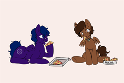 Size: 1500x1000 | Tagged: safe, artist:yasuokakitsune, oc, oc:clutch, oc:mocha, pegasus, pony, biting, bowl, collar, duo, eating, food, glasses, joy, meat, pepperoni, pepperoni pizza, pizza, sketch